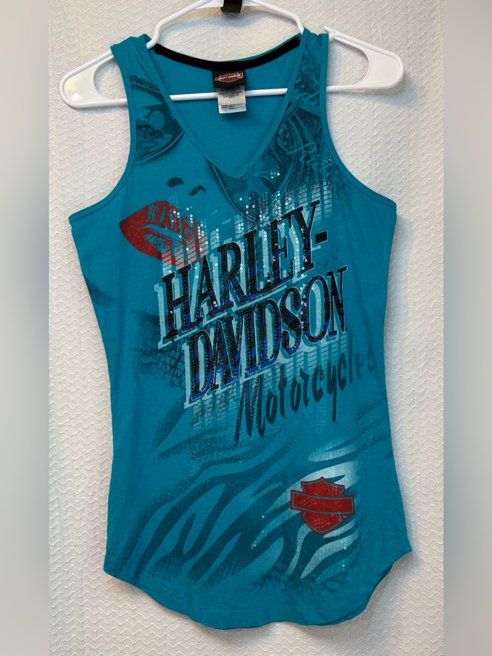 Harley Davidson women’s sequined teal tank top. Y2K Harley bling top.  Size S
